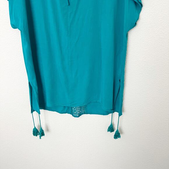 [Aimage] Teal V-Neck Crochet Lace Tasseled Side Slits Swim Coverup Sz Medium M - Picture 8 of 12